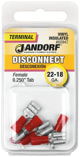 Jandorf 60947 Disconnect Terminal, 22 to 18 AWG Wire, Vinyl Insulation, Copper Contact, Tin, Red, 5/PK