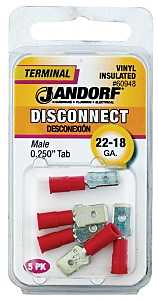 Jandorf 60948 Disconnect Terminal, 22 to 18 AWG Wire, Vinyl Insulation, Copper Contact, Tin, 5/PK