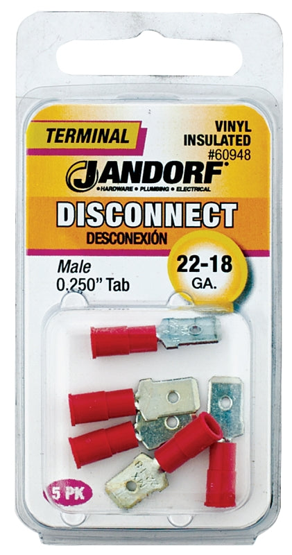 Jandorf 60948 Disconnect Terminal, 22 to 18 AWG Wire, Vinyl Insulation, Copper Contact, Tin, 5/PK