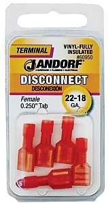 Jandorf 60950 Disconnect Terminal, 22 to 18 AWG Wire, Vinyl Insulation, Copper Contact, Red, 5/PK