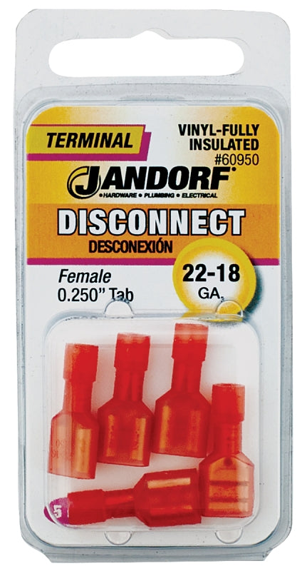 Jandorf 60950 Disconnect Terminal, 22 to 18 AWG Wire, Vinyl Insulation, Copper Contact, Red, 5/PK