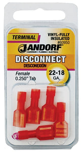 Jandorf 60950 Disconnect Terminal, 22 to 18 AWG Wire, Vinyl Insulation, Copper Contact, Red, 5/PK