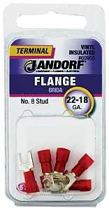 Jandorf 60955 Spade Terminal, 22 to 18 AWG Wire, #8 Stud, Vinyl Insulation, Copper Contact, Red