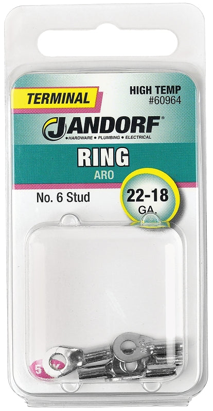 Jandorf 60964 Ring Terminal, 22 to 18 AWG Wire, #6 Stud, Copper Contact, Tin, 5/PK