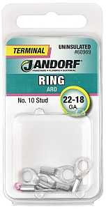 Jandorf 60969 Ring Terminal, 22 to 18 AWG Wire, #10 Stud, Copper Contact