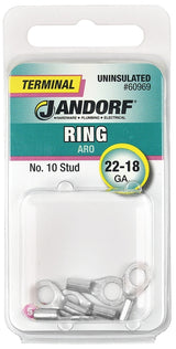 Jandorf 60969 Ring Terminal, 22 to 18 AWG Wire, #10 Stud, Copper Contact