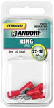 Jandorf 60974 Ring Terminal, 22 to 18 AWG Wire, #10 Stud, Vinyl Insulation, Copper Contact, Red