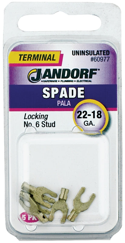Jandorf 60977 Spade Terminal, 600 V, 22 to 18 AWG Wire, #6 Stud, Copper Contact, Tin, 5/PK
