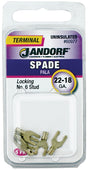Jandorf 60977 Spade Terminal, 600 V, 22 to 18 AWG Wire, #6 Stud, Copper Contact, Tin, 5/PK
