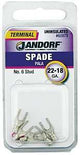 Jandorf 60978 Spade Terminal, 600 V, 22 to 18 AWG Wire, #6 Stud, Copper Contact, 5/PK
