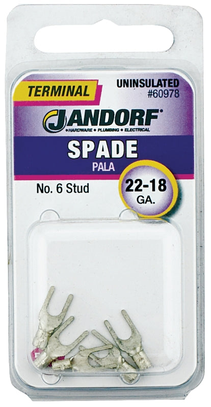 Jandorf 60978 Spade Terminal, 600 V, 22 to 18 AWG Wire, #6 Stud, Copper Contact, 5/PK