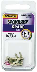 Jandorf 60979 Spade Terminal, 600 V, 22 to 18 AWG Wire, #8 Stud, Copper Contact, Tin, 5/PK