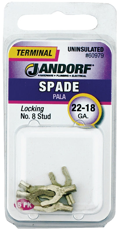Jandorf 60979 Spade Terminal, 600 V, 22 to 18 AWG Wire, #8 Stud, Copper Contact, Tin, 5/PK