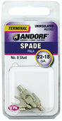Jandorf 60980 Spade Terminal, 600 V, 22 to 18 AWG Wire, #8 Stud, Copper Contact, 5/PK