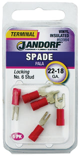 Jandorf 60984 Spade Terminal, 600 V, 22 to 18 AWG Wire, #6 Stud, Copper Contact, Red