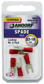 Jandorf 60986 Spade Terminal, 600 V, 22 to 18 AWG Wire, #8 Stud, Vinyl Insulation, Copper Contact, Tin, Red, 5/PK