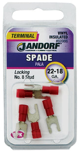 Jandorf 60986 Spade Terminal, 600 V, 22 to 18 AWG Wire, #8 Stud, Vinyl Insulation, Copper Contact, Tin, Red, 5/PK