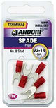 Jandorf 60987 Spade Terminal, 600 V, 22 to 18 AWG Wire, #8 Stud, Vinyl Insulation, Copper Contact, Red, 5/PK
