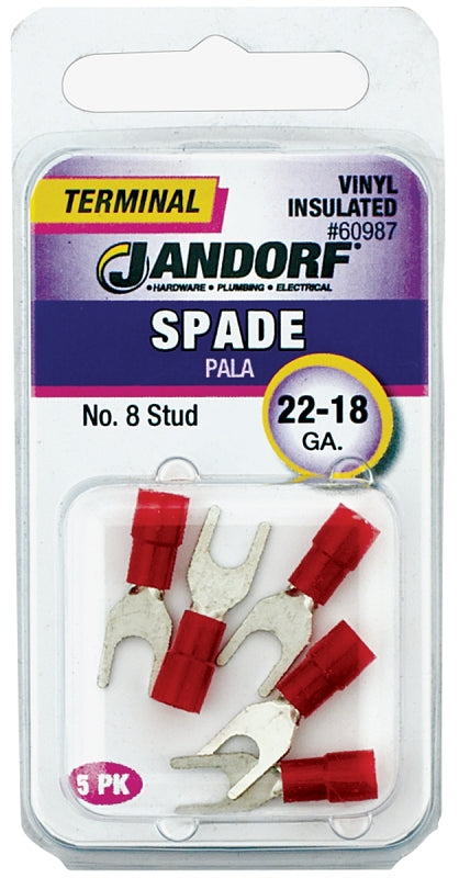 Jandorf 60987 Spade Terminal, 600 V, 22 to 18 AWG Wire, #8 Stud, Vinyl Insulation, Copper Contact, Red, 5/PK