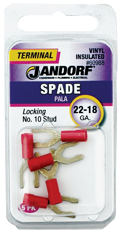 Jandorf 60988 Spade Terminal, 600 V, 22 to 18 AWG Wire, #10 Stud, Vinyl Insulation, Copper Contact, Tin, Red, 5/PK