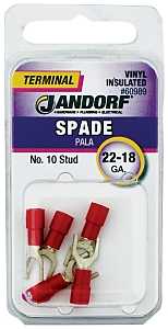 Jandorf 60989 Spade Terminal, 600 V, 22 to 18 AWG Wire, #10 Stud, Vinyl Insulation, Copper Contact, Red, 5/PK