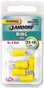 Jandorf 60996 Ring Terminal, 12 to 10 AWG Wire, #8 Stud, Vinyl Insulation, Copper Contact, Yellow