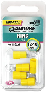 Jandorf 60996 Ring Terminal, 12 to 10 AWG Wire, #8 Stud, Vinyl Insulation, Copper Contact, Yellow