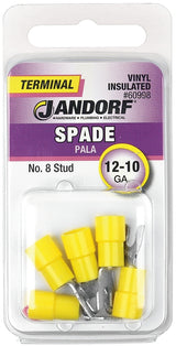 Jandorf 60998 Spade Terminal, 600 V, 12 to 10 AWG Wire, #8 Stud, Vinyl Insulation, Copper Contact, Yellow
