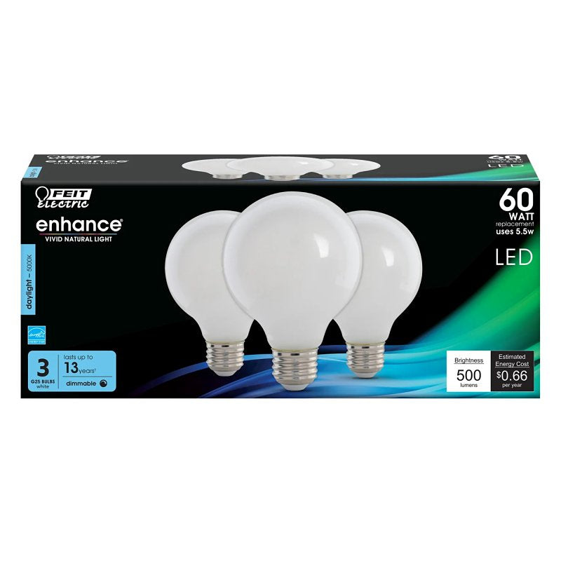 Feit Electric G2560W/950CA/FIL LED Bulb, Globe, 500 Lumens, 5.5 W, 120 V, 60 W Equivalent, E26 Lamp Base, Dimmable