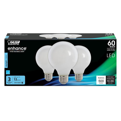 Feit Electric G2560W/950CA/FIL LED Bulb, Globe, 500 Lumens, 5.5 W, 120 V, 60 W Equivalent, E26 Lamp Base, Dimmable