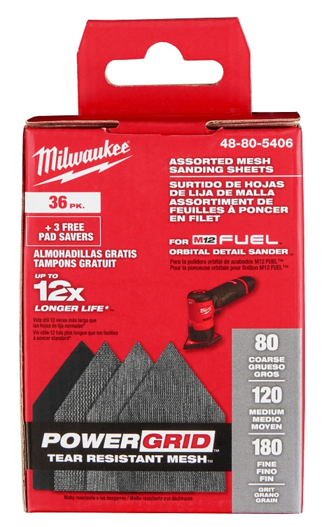 Milwaukee 48-80-5406 Mesh Sanding Sheet, 3-5/8 in W, 3-3/4 in L, 80, 120, 180 Grit, Aluminum Oxide Abrasive, Nylon Backing, 36/PK