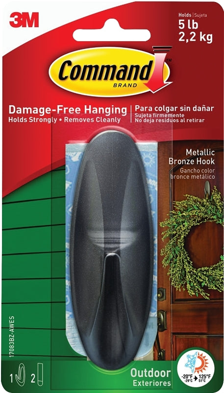 Command 17083BZ-AWES Adhesive Hook, 5 lb, 1-Hook, Plastic, Bronze, Pack of 4
