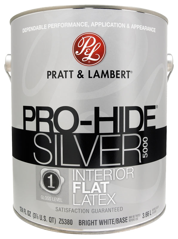 Pratt & Lambert Pro-Hide Silver 5000 Series 0000Z5380-16 Interior Paint, Flat Sheen, Bright White, 1 gal Pack of 4