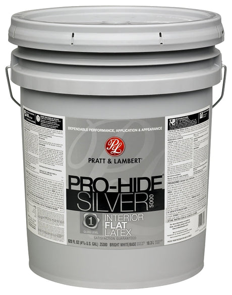 Pratt & Lambert Pro-Hide Silver 5000 Series 0000Z5380-20 Interior Paint, Flat Sheen, Bright White, 5 gal