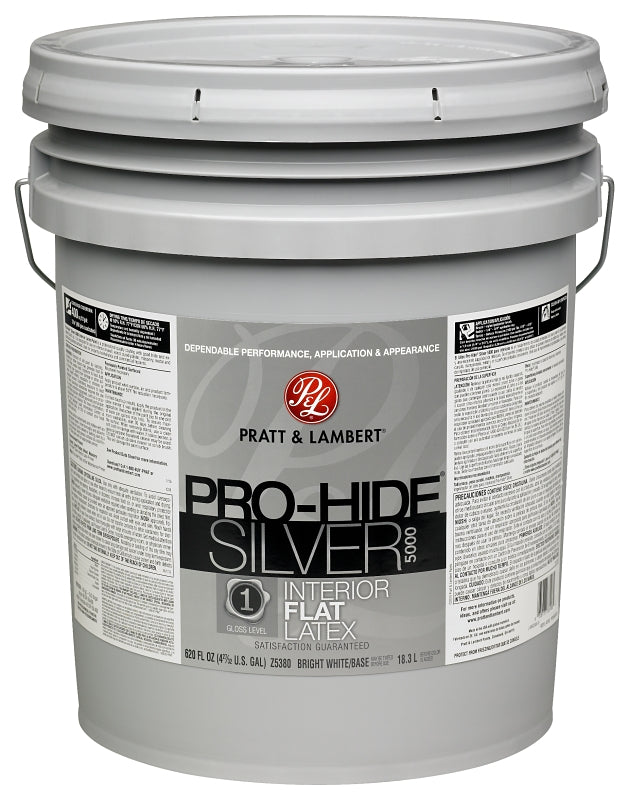 Pratt & Lambert Pro-Hide Silver 5000 Series 0000Z5380-20 Interior Paint, Flat Sheen, Bright White, 5 gal