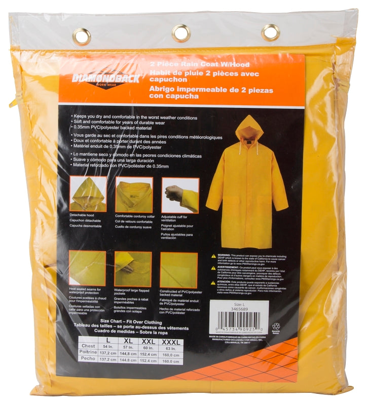 Diamondback PY-800L Raincoat, L, Polyester/PVC, Yellow, Comfortable Corduroy Collar, Double Fly Snap Closure, Knee