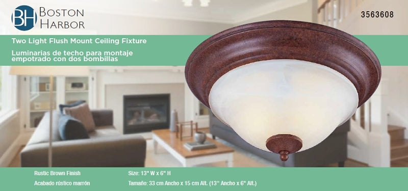 Boston Harbor BRT-ATE1012-RB3L Two Light Flush Mount Ceiling Fixture, 120 V, 60 W, 2-Lamp, A19 or CFL Lamp