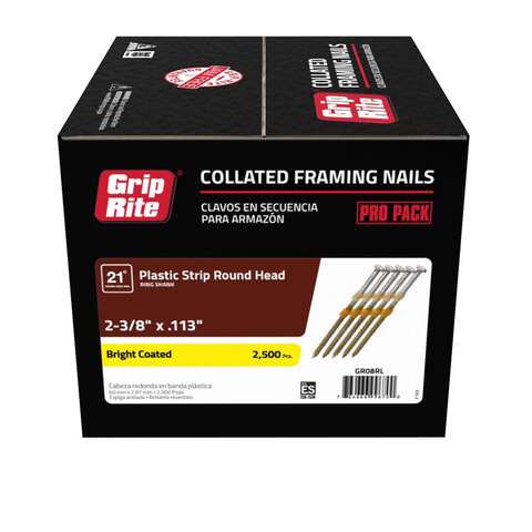 Grip-Rite 2-3/8 in. L X 12 Ga. Angled Strip Bright Framing Nails 21 deg 2500 pk