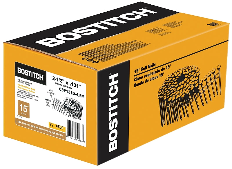 Bostitch C8P131D-4.5M Series Framing Nail, Adhesive Collation, 2-1/2 in L, Steel, Smooth Shank, 4500/PK