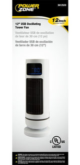 PowerZone TF-180R-R USB Oscillating Tower Fan, 5 V, 3-Speed, 60 deg Rotating, White
