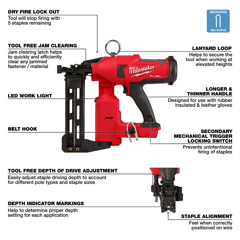 Milwaukee M18, REDLITHIUM 2843-20 Utility Fencing Stapler, Tool Only, 18 V, 3 Ah, 1/2 in W Crown, Medium Crown Staple