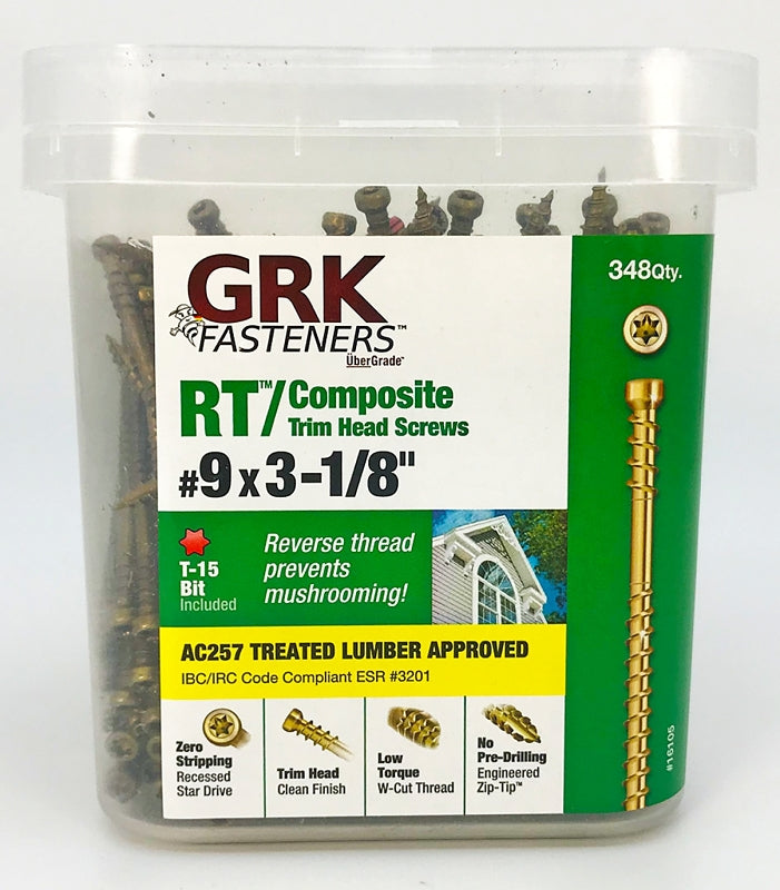GRK Fasteners RT Series 16105 Screw, #9 Thread, 3-1/8 in L, Reverse Thread, Trim Head, Star Drive, Steel, 348 PAIL