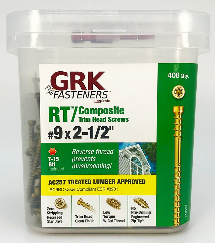 GRK Fasteners RT Series 16101 Screw, #9 Thread, 2-1/2 in L, Reverse Thread, Trim Head, Star Drive, Steel, 408 PAIL