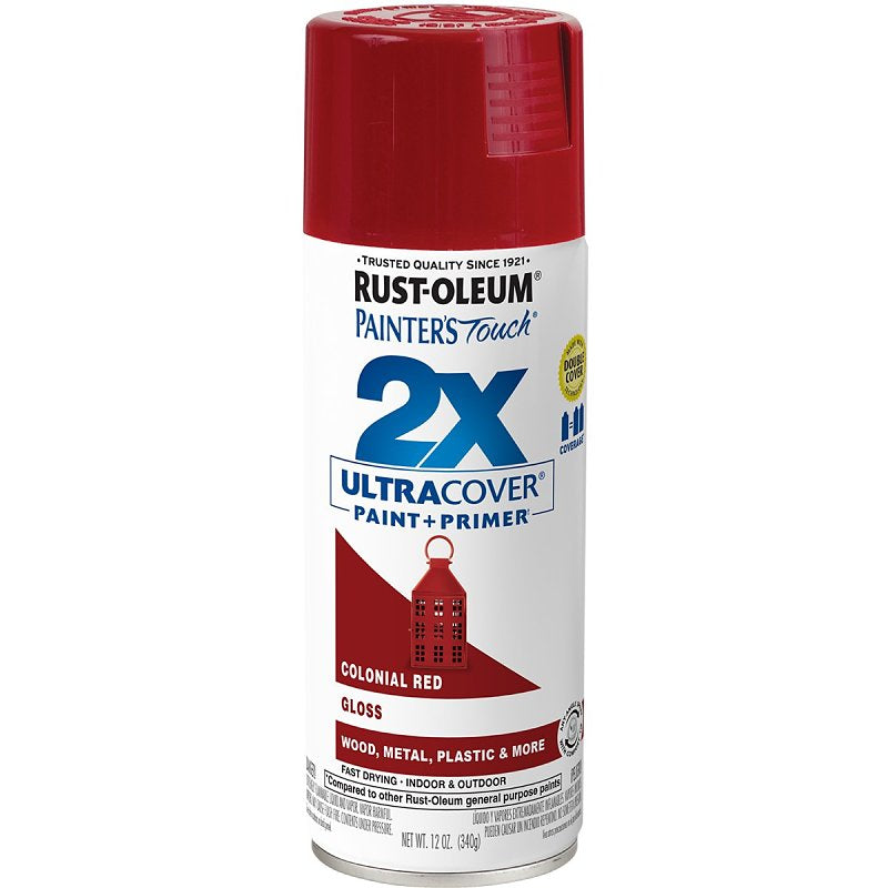 Rust-Oleum Painter's Touch 2X Ultra Cover 334030 Spray Paint, Gloss, Colonial Red, 12 oz, Aerosol Can