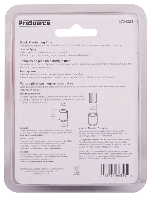 ProSource FE-50606-PS Furniture Leg Tip, Round, Plastic, Black, 1-1/4 in Dia, 1-1/8 in H