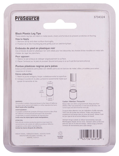 ProSource FE-50606-PS Furniture Leg Tip, Round, Plastic, Black, 1-1/4 in Dia, 1-1/8 in H
