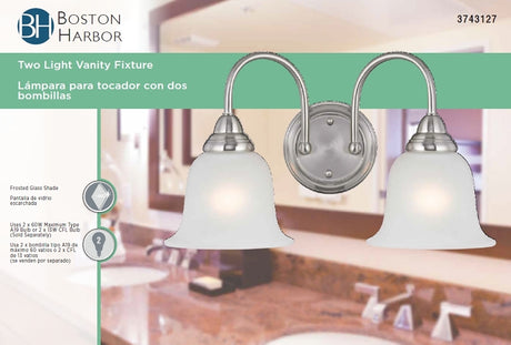 Boston Harbor LYB130928-2VL-BN Wall Sconce, 60 W, 2-Lamp, A19 or CFL Lamp, Steel Fixture, Brushed Nickel Fixture