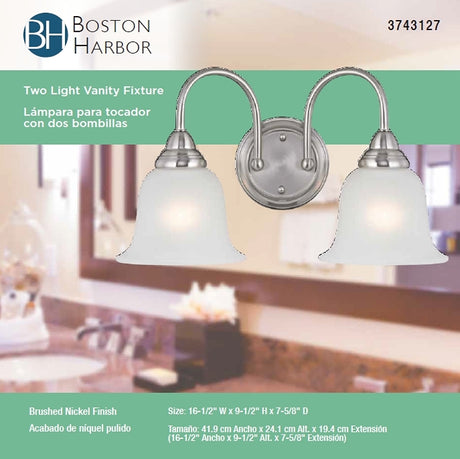 Boston Harbor LYB130928-2VL-BN Wall Sconce, 60 W, 2-Lamp, A19 or CFL Lamp, Steel Fixture, Brushed Nickel Fixture
