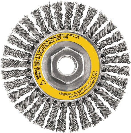 DEWALT DW49204 Wire Wheel Brush, 4 in Dia, 5/8-11 Arbor/Shank, 0.02 in Dia Bristle, Stainless Steel Bristle