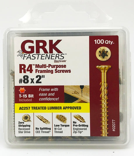 GRK Fasteners R4 02077 Framing and Decking Screw, #8 Thread, 2 in L, Star Drive, Steel, 100 PK